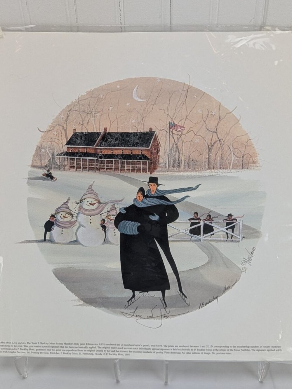 Vintage P Buckley Moss Love and Joy Print Unframed Art 11590/32124 Ice Skating